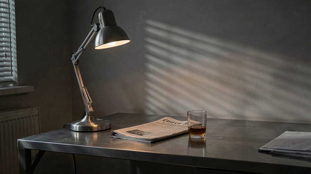 A single desk lamp on a metal office desk in a dark room, a folded newspaper and a glass of whiskey beside it, hard side light from a venetian blind cutting stripes across the wall, medium shot.
