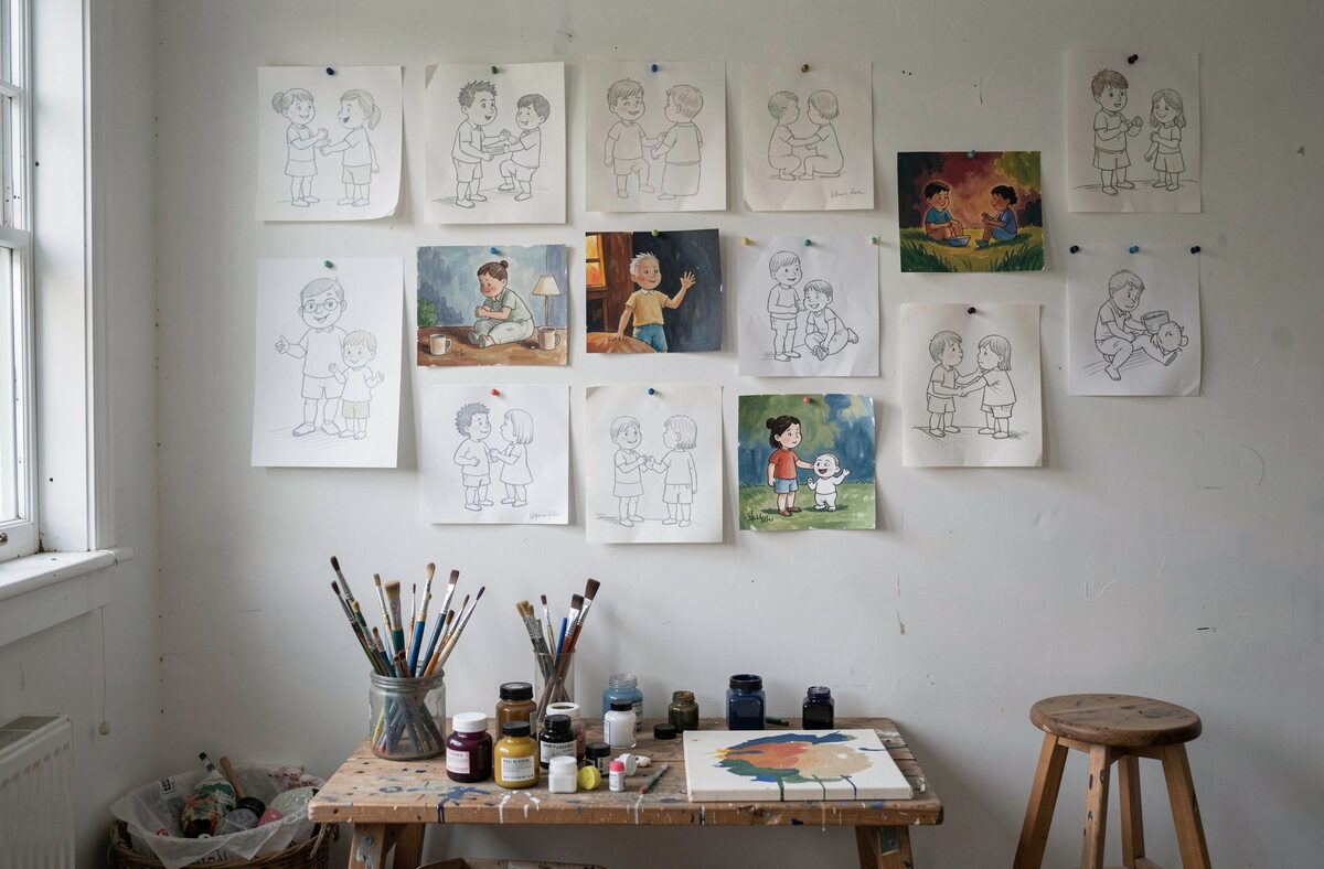 A studio wall in daylight with sketches, small painted panels and cartoon studies pinned in an irregular grid above a bench of brushes and a half-finished canvas