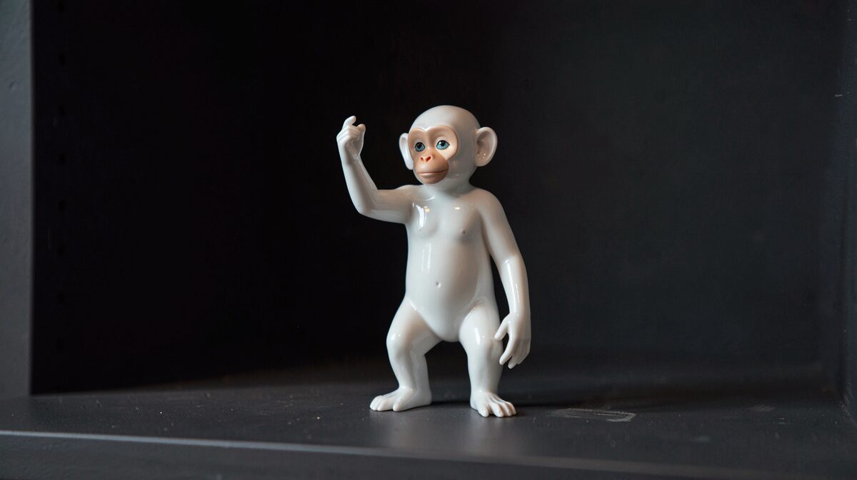 A single Meissen monkey orchestra figure on a museum shelf, lit from the left, its raised arm and glossy white glaze catching the light against a dark background.