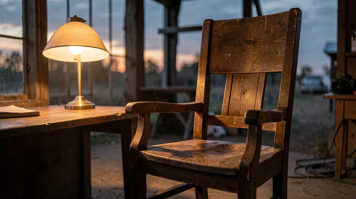 A film set interior at dusk, an oversized wooden chair beside a normal-sized desk lamp, warm tungsten light from the left, medium wide shot with the chair in the foreground.