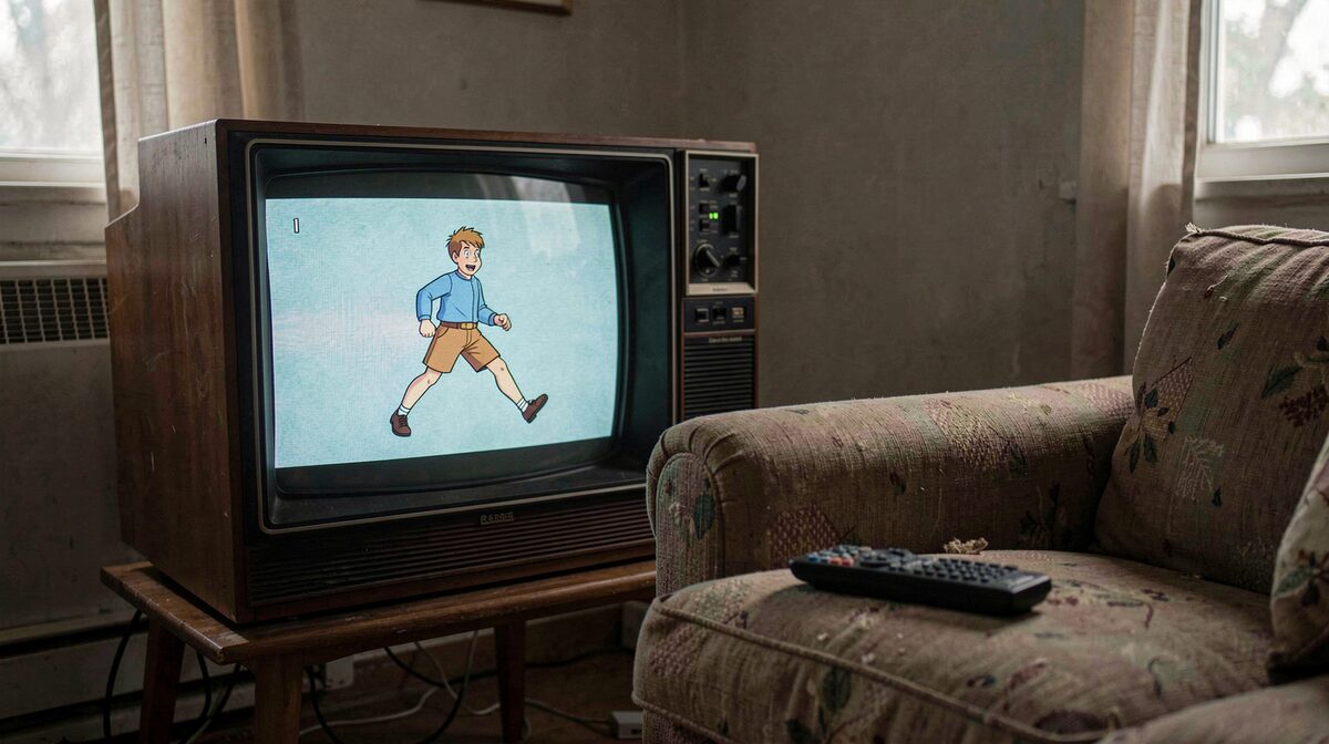 A television set from the 1980s in a dim living room, its screen showing a paused animated frame of a character frozen mid-stride, with a remote control on the arm of a worn sofa.